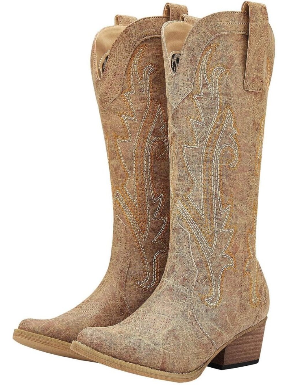 Women's Tan Embroidery Pull On Block Heel Pointed Toe Knee High Cowgirl Boots